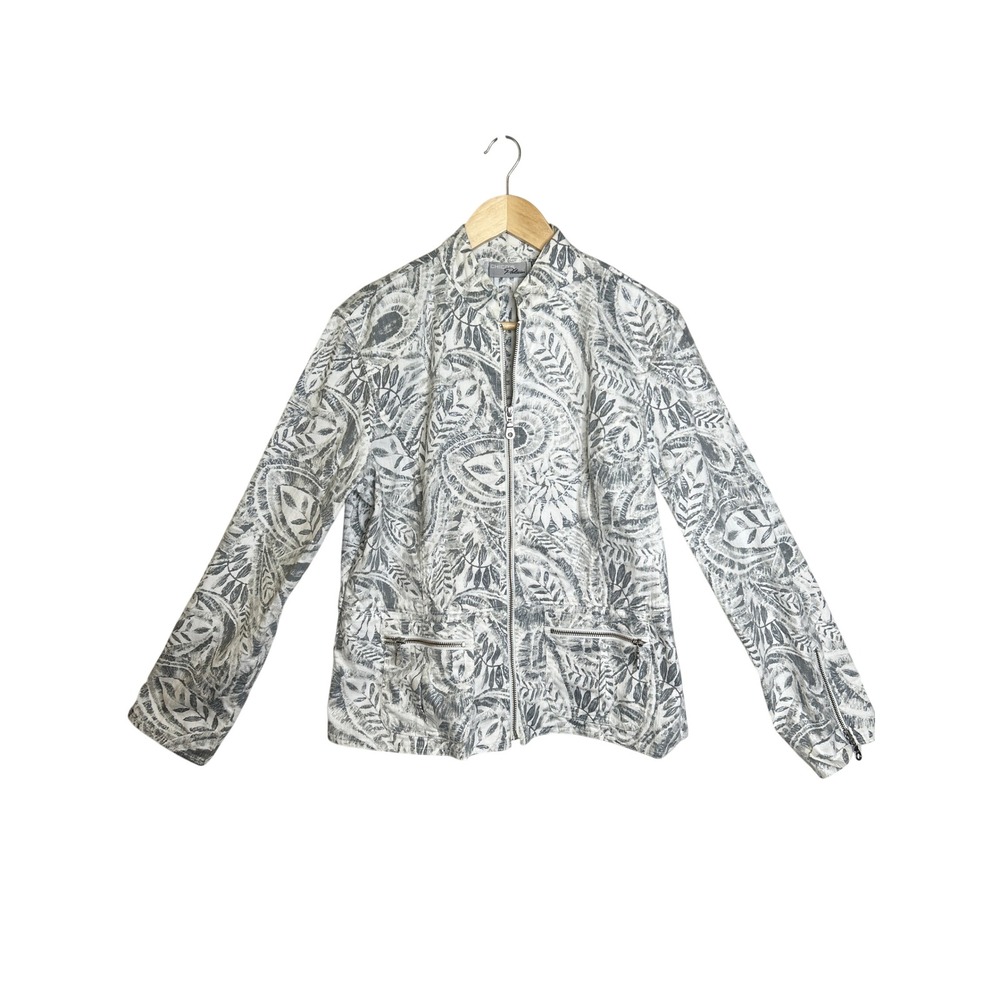 Chico's Platinum Paisley Leaf Print Zip-Front Jacket, Size 1=Medium